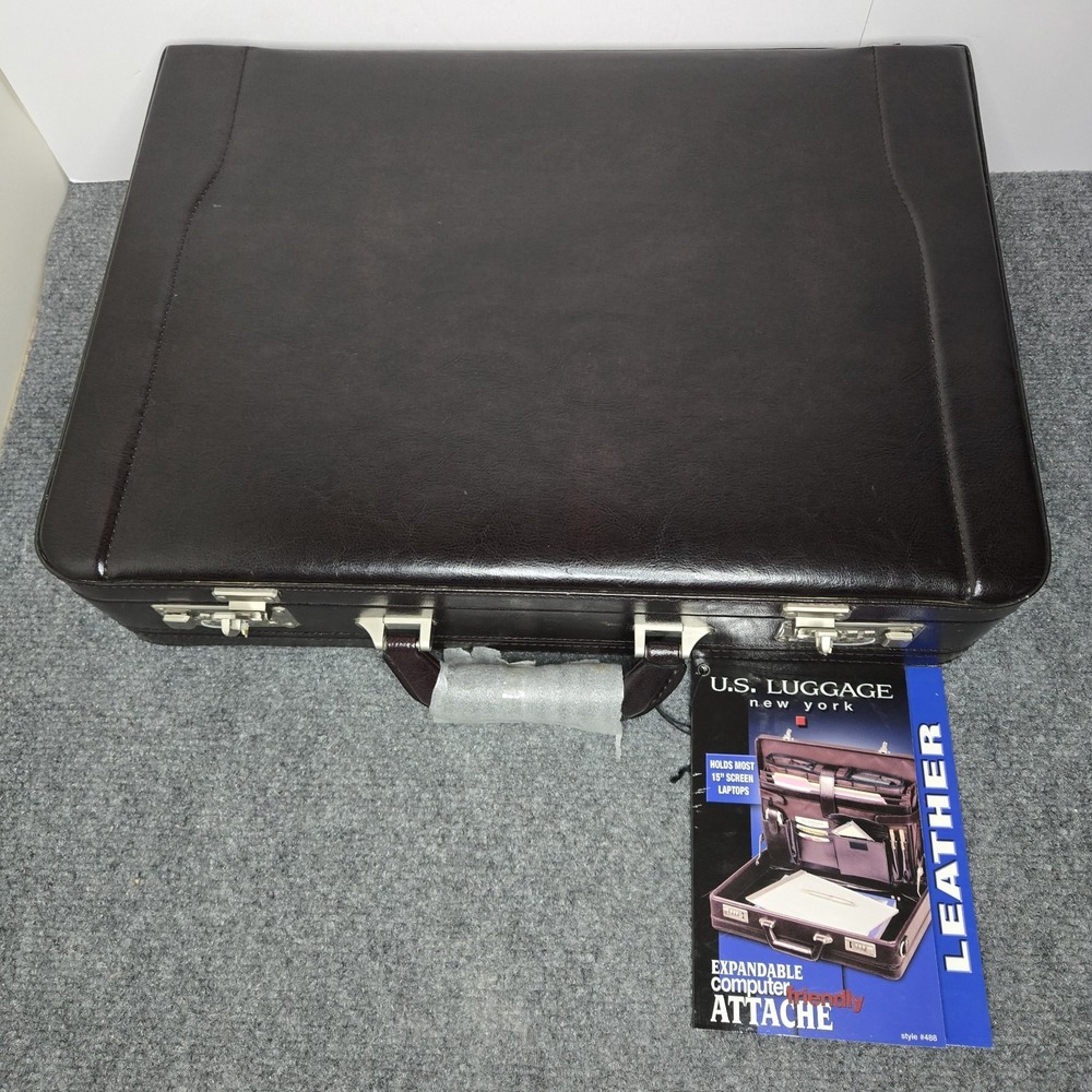 NWT U.S. Luggage New York Brown‎ Leather Briefcase #488-2 W/ Shoulder Strap FLAW